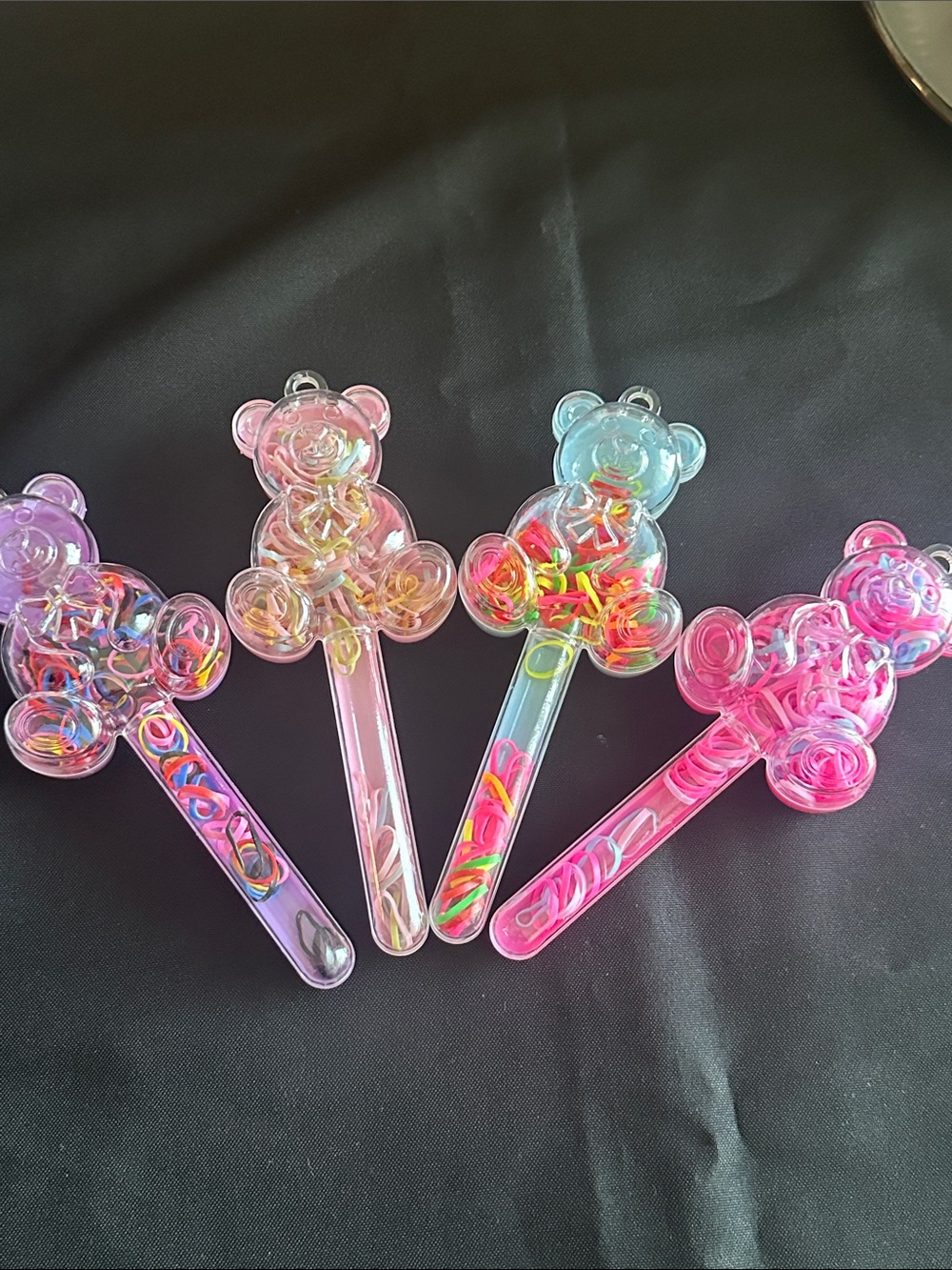 Set of 5 Clear Teddy Bear Bubble Wands in Pink, Blue, Purple Hair ties for girls